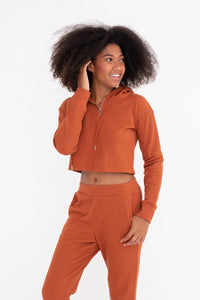 Waffle-Knit Half-Zip Crop Hoodie Pullover