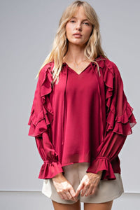 WASHED CHIFFON BLOUSE - WINE