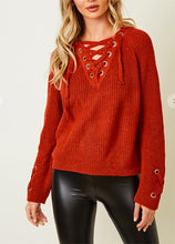 Load image into Gallery viewer, SWEATER LONG SLEEVE V NECK TOP WITH EYELET TRIM
