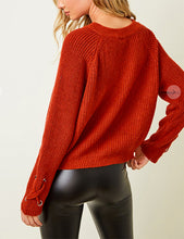 Load image into Gallery viewer, SWEATER LONG SLEEVE V NECK TOP WITH EYELET TRIM
