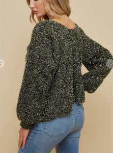 DOUBLE V NECK PUFF SLEEVE TOP WITH GOLD LUREX FUFFY YARN.