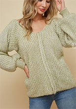 Load image into Gallery viewer, DOUBLE V NECK PUFF SLEEVE TOP WITH GOLD LUREX FUFFY YARN.
